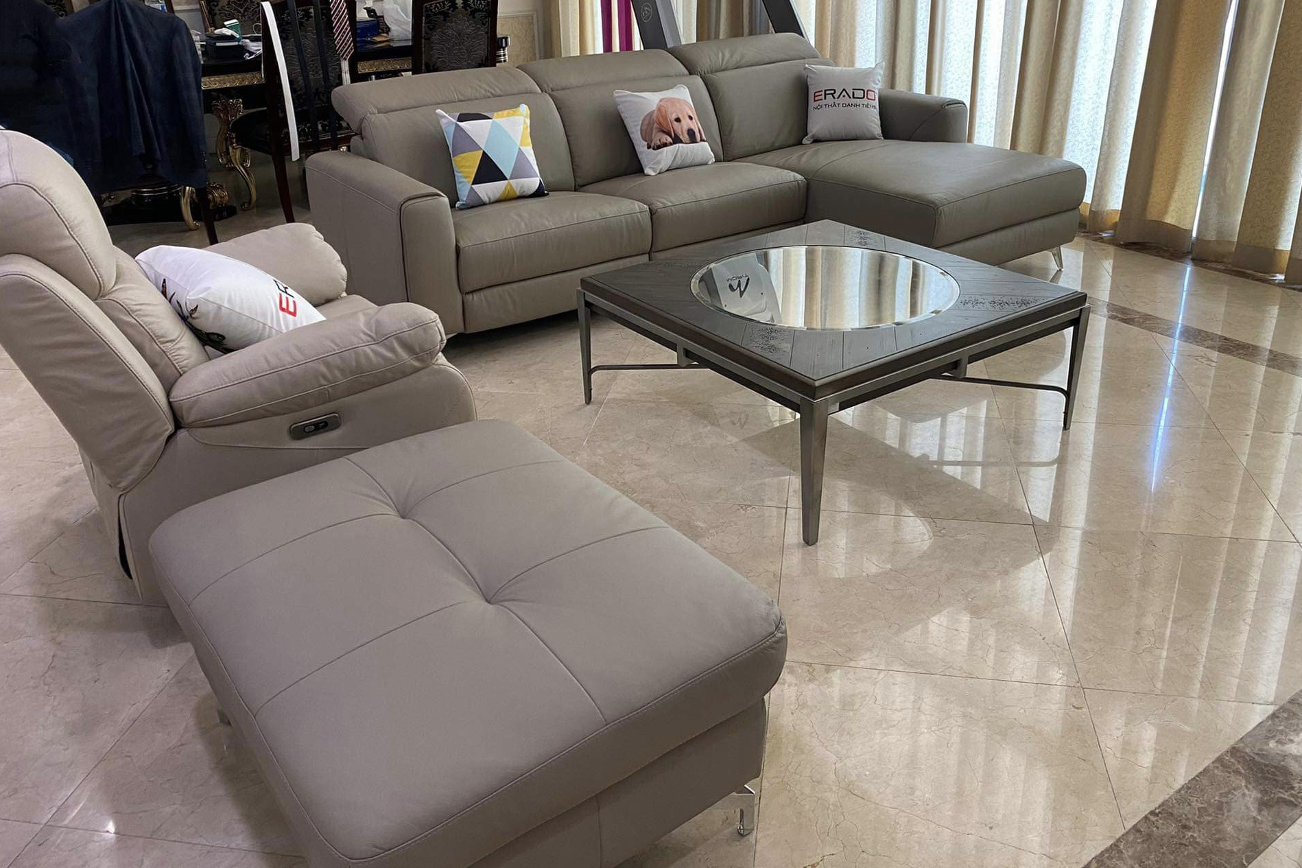 ERADO BÀN GIAO THÀNH CÔNG COMBO SOFA GHẾ THƯ GIÃN DA BÒ THẬT NHẬP KHẨU CHO GIA ĐÌNH CHỊ ĐỨC